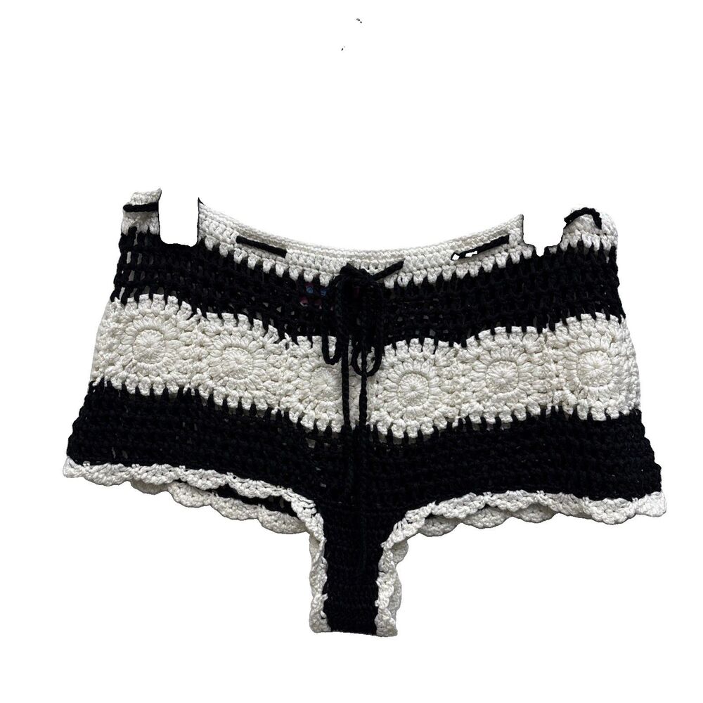 Edikted Black White Textured Knit Cheeky Micro Shorts Drawstring Festival Club